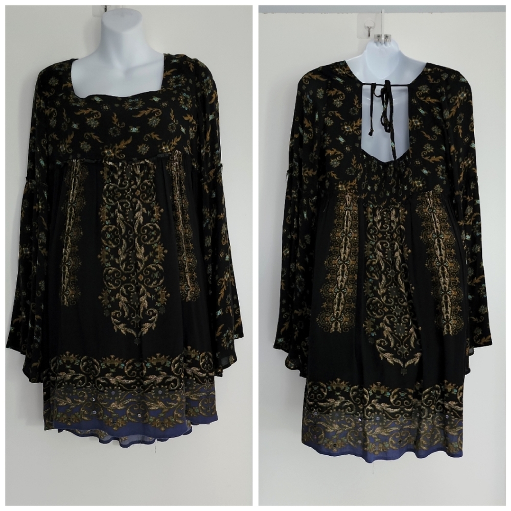 Free People Modern Chinoiserie Dress Mini Babydoll Boho Paisley Print - Picture 2 of 12